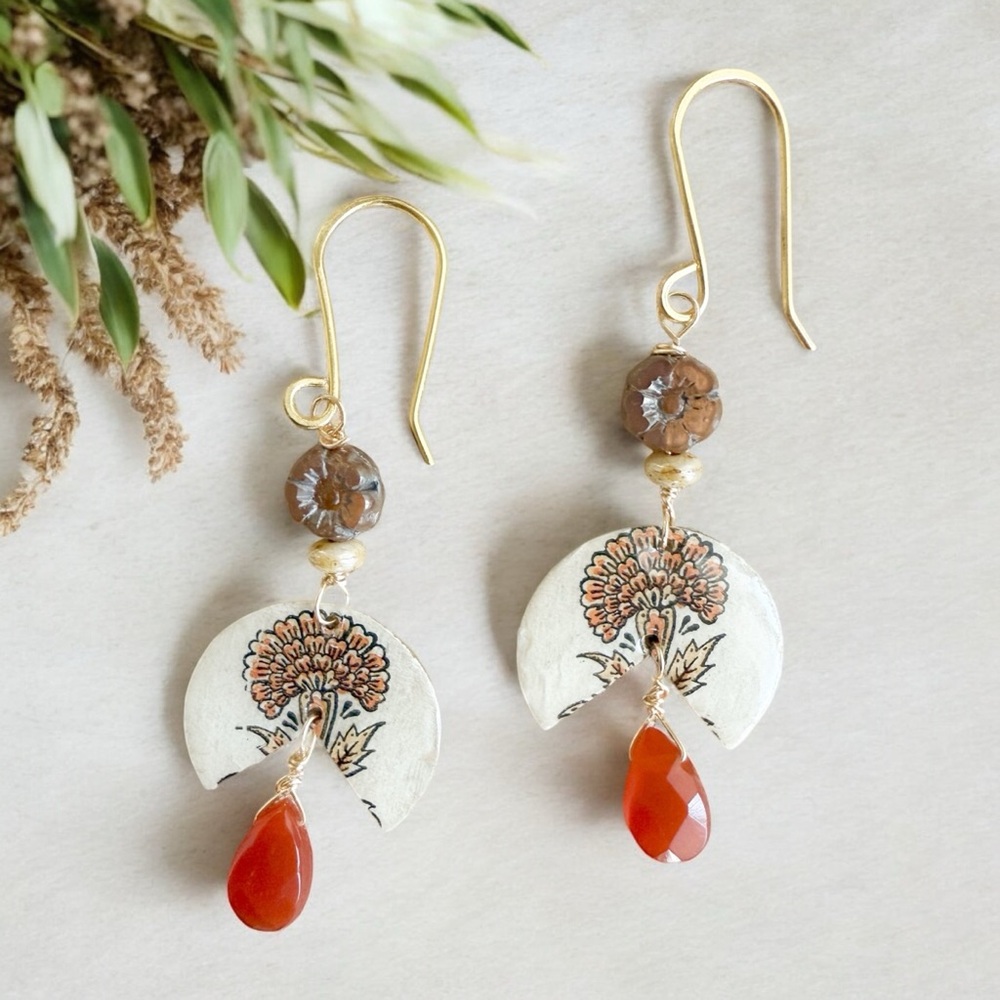 Nell- Handmade Earrings. Chrysanthemum Print, Carnelian, and Brass Earrings
